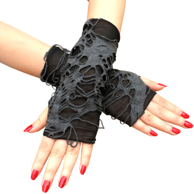 A Pair Gothic Arm Warmer Fingerless Beggar Punk Halloween Gloves Hole Cosplay Kc