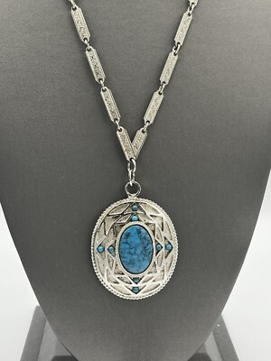Whiting & Davis Necklace Southwestern Aztec Faux Turquoise Silver Tone