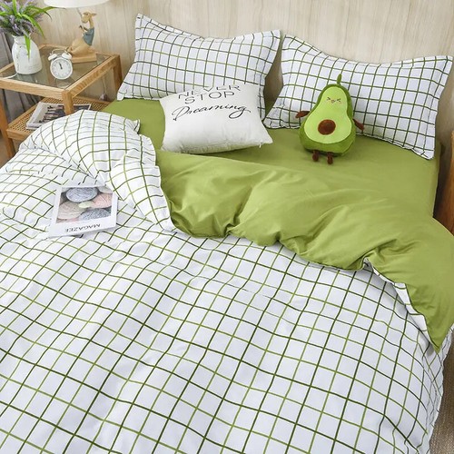 Green Grid Duvet Cover Set Ins Soft Bed Sheet Pillowcases No Filler Bedding Set - Picture 31 of 41