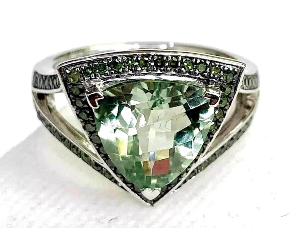 HSN Colleen Lopez Sterling Silver Trilliant Prasiolite Gem Diamond Ring Size 10 - Image 2 of 4