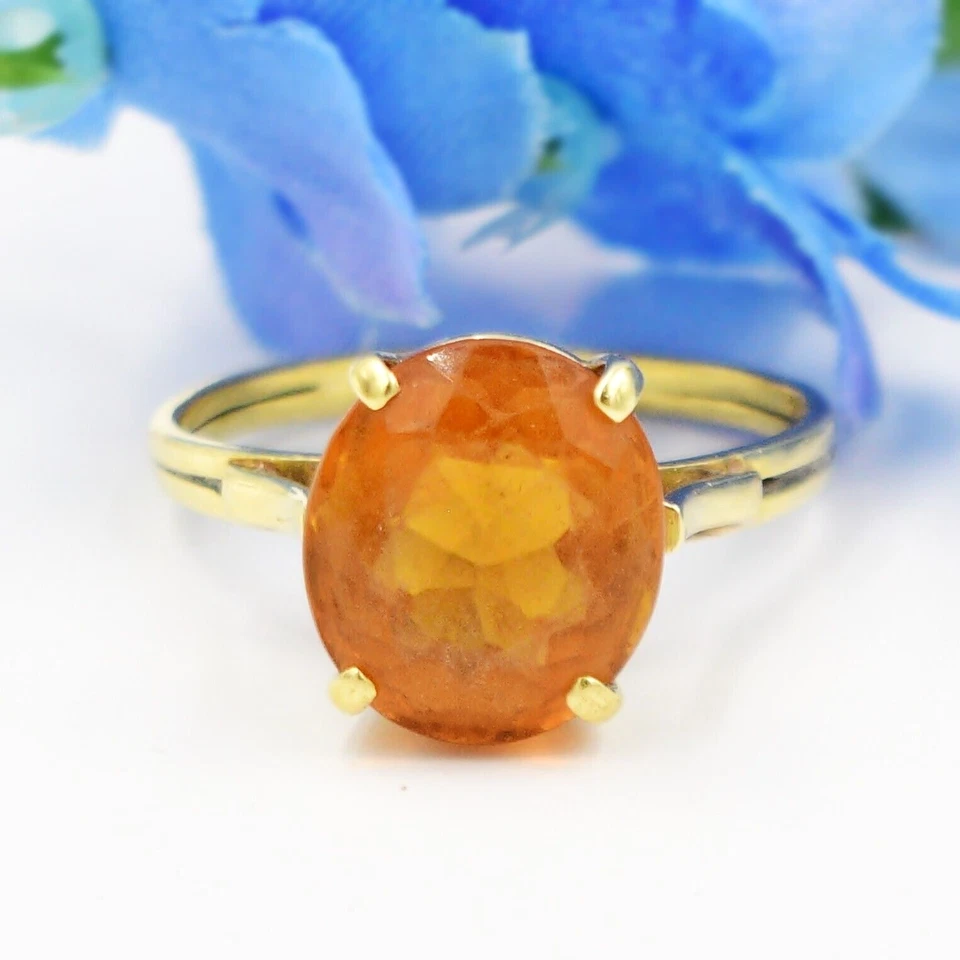 Anillo solitario de piedras preciosas ámbar de oro amarillo de 18k talla 7,75 Foto 2 de 4