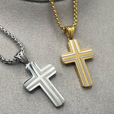 Men's Cross Stainless Steel Necklace Gold Silver Cross Pendant Chain Necklace