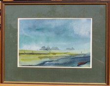 Blick auf Hallig an der Nordseeküste signiert Aquarell gerahmt