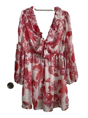 Mimi Chica women's size L red pink Floral Tie Long Sleeves glitter ruffle Dress