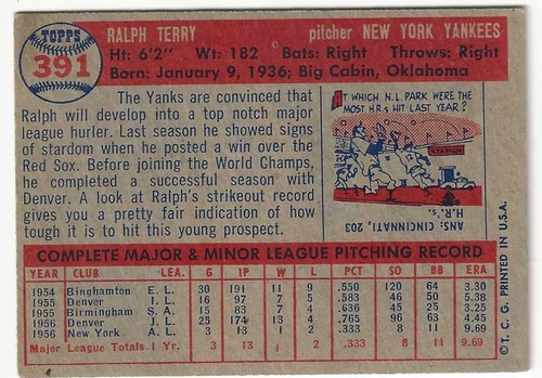 1957 Topps - Ralph Terry #391 (RC) - Picture 2 of 2