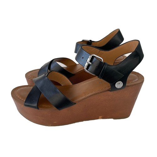 Tommy Hilfiger Wilo Wedge Platform Black Open Toe Strappy Sandals Womens 7.5M