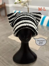Black White Striped Cat Ear Beanie, Crochet Handmade Hat edgy Trendy Gift idea