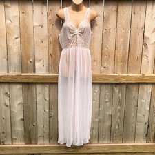 Vintage Michelene Sheer Pink Nightgown Pleated Skirt Lace Bodice Nylon Size 38