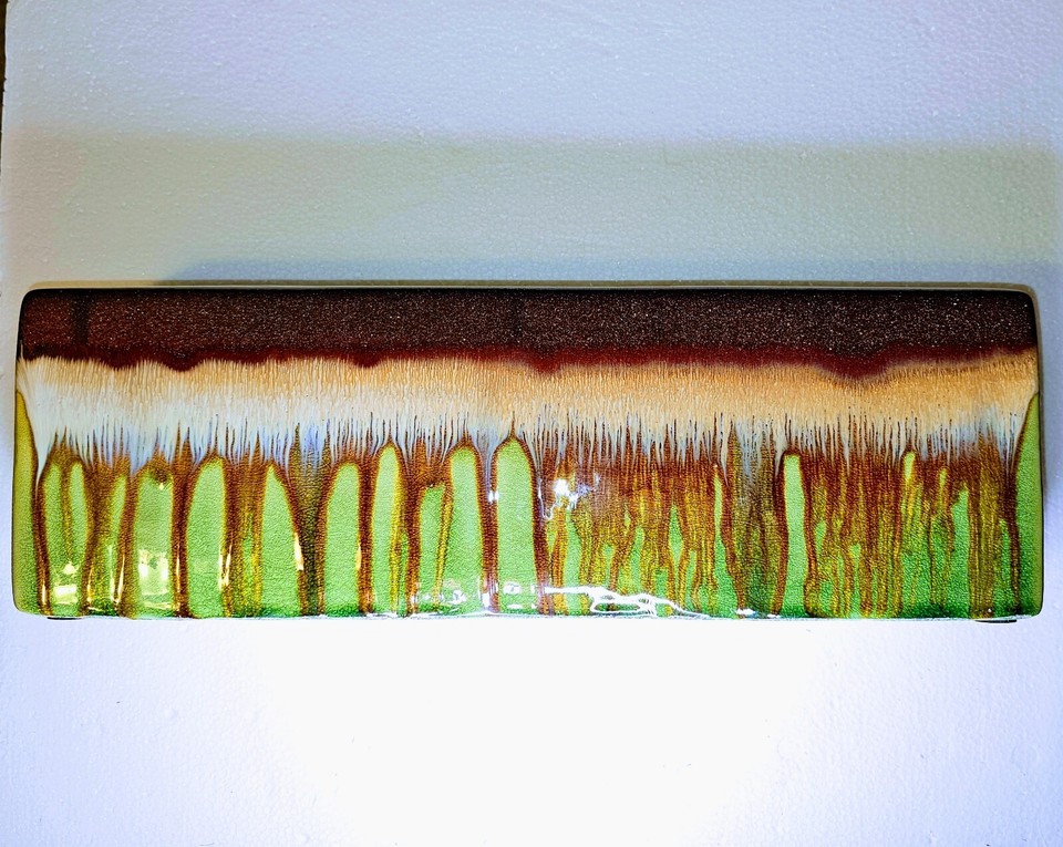 Vintage MCM Raku Pottery Vase 14.5” Rectangular Green Copper Drip Glaze