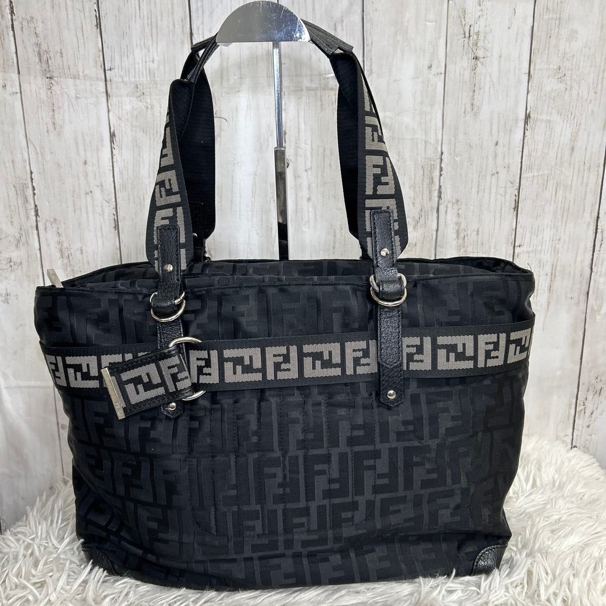 RARE FENDI Zucca Tote Bag Large Black Nylon Logo Handbag