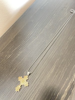 Silver Tone Metal Ball Chain Necklace with Gold Tone Filigree Cross Pendant