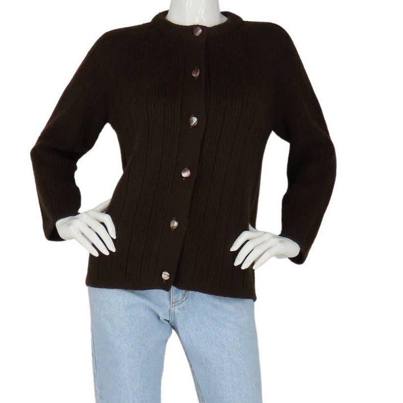 80s Vintage Dark Brown Cable Knit Mod Cardigan Sweater