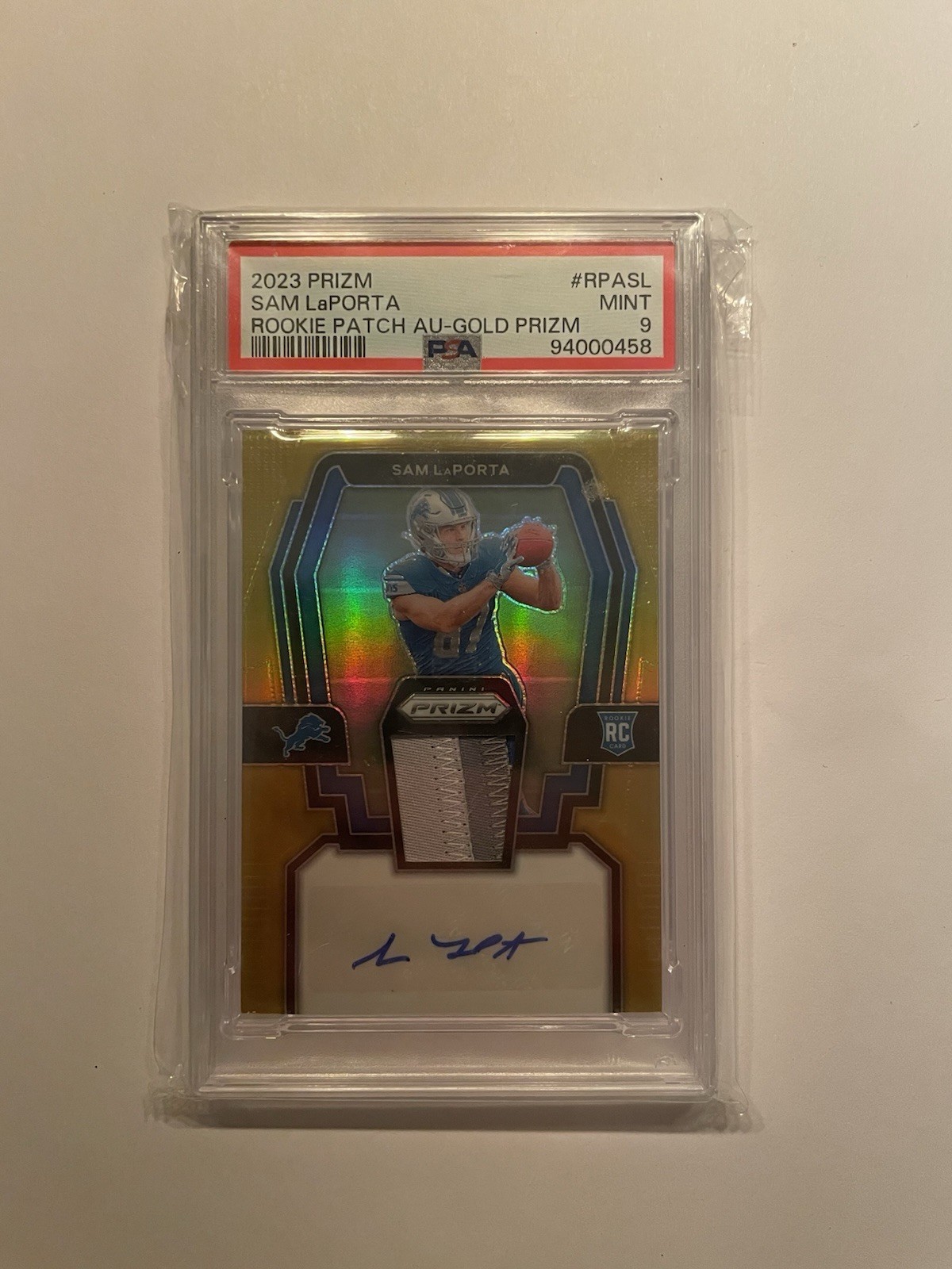 Sam Laporta 2023 Prizm Rookie - GOLD Patch Auto RPA /10 SSP -- RC - RARE - PSA 9