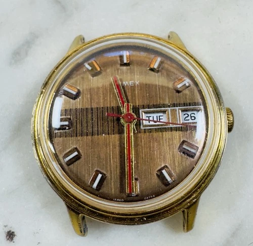 Vintage Men's Timex Day Date Watch Brown Stripe Dial Red Hands Parts Repair