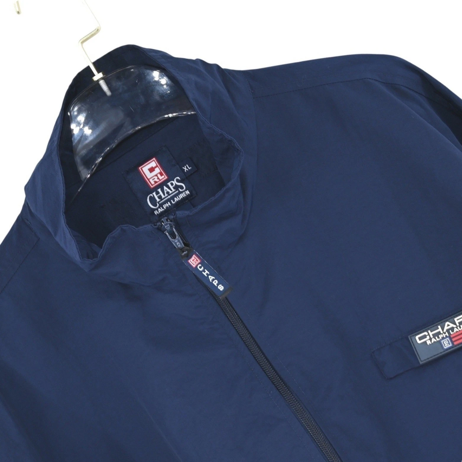Vtg 90s Chaps Ralph Lauren XL Navy Blue Windbreaker Jacket Sporty Stripes Nylon