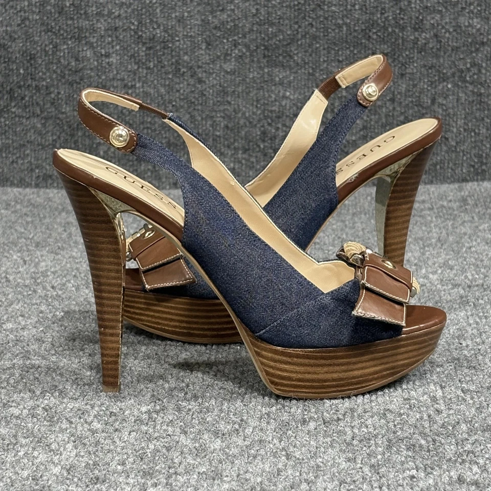 Zapatos GUESS para mujer talla 6M marrón plataforma tacón honda hebilla de mezclilla GWKJOKO Foto 3 de 4