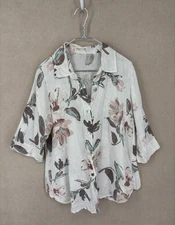 75 Degrees & Fuzzy Blouse One Size White Linen Floral Button Up Lagenlook FLAW