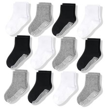 Kids Socks With Grippers Non Slip Crew Grip Socks for 5-7 T Black White Gray