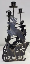 Reindeer Sleigh Metal Cylinder 3 Taper Candle Holder Rustic Centerpiece 14 in