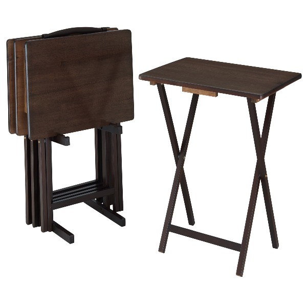 4-Piece Walnut Rubberwood Indoor Folding TV Tray Table Set w