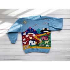 Peruvian vtg blue embroidered animal farm cottagecore sweater