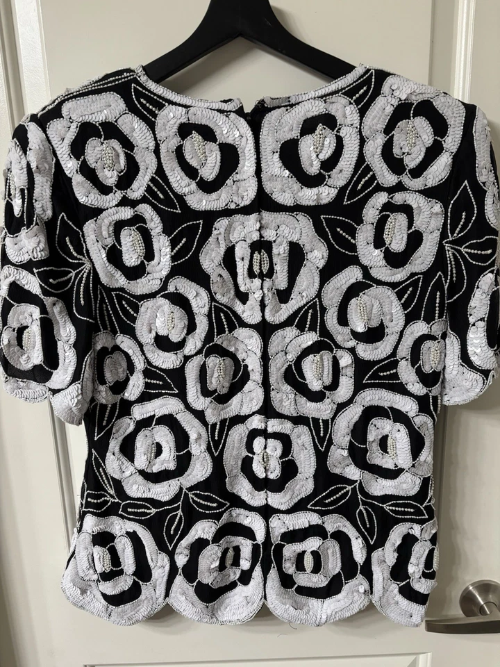 Camisa de Noche Formal Stenay Vintage Años 80 Lentejuelas de Seda ☼Cuentas a Mano Talla Grande Foto 3 de 4