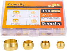 110PCS Tube OD  1/4" 5/16" 3/8" 1/2" Brass Compression Sleeves Ferrules,Brass Co