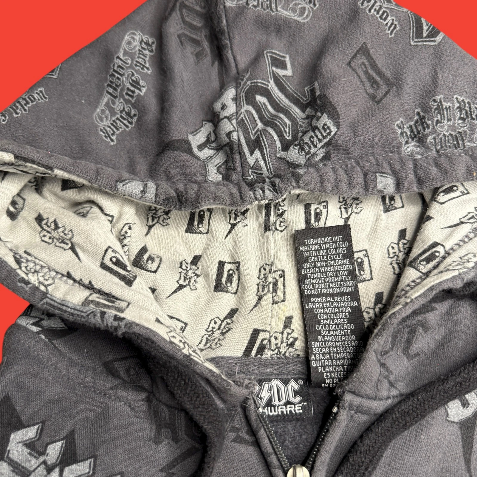 AC/DC Mens XL Rockware Gray Full Zip Hoodie Jacket Y2K AOP Rock Band Grunge image 6