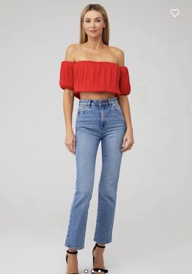 Line & Dot Audrey Off Shoulder Romantic Blouse Red - Size Small (MSRP $88) A2