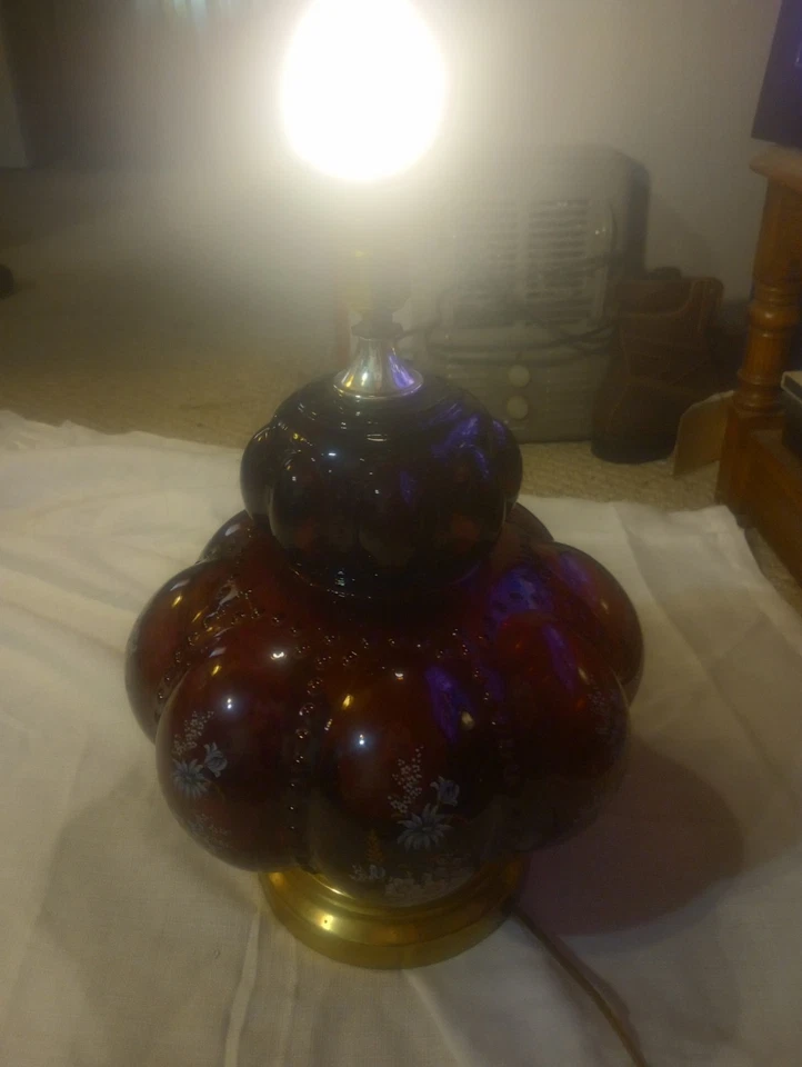 Lámpara Carl Falkenstein 3 Vías MCM Regencia Amatista Doble Burbuja Floral Funciona 1950 Foto 3 de 4