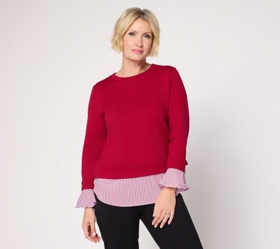 Susan Graver Weekend French Terry with Woven Combo Top Crimson/Red M New