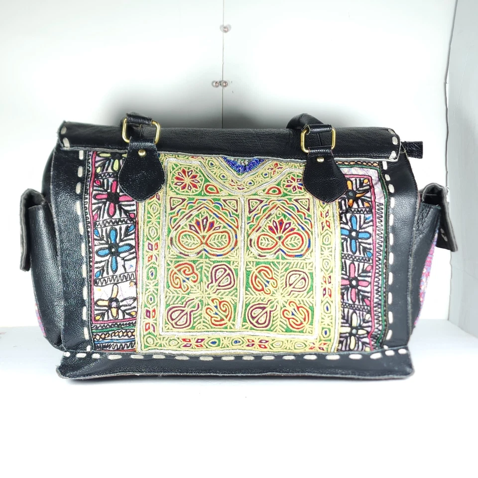 Vintage Addiction Black Leather Large Stitching Handcrafted Tote Laptop Bag - Image 3 of 4