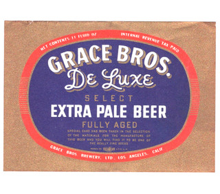"small font" Grace Bros. De Luxe beer label IRTP Los Angeles CA 1930s 40s
