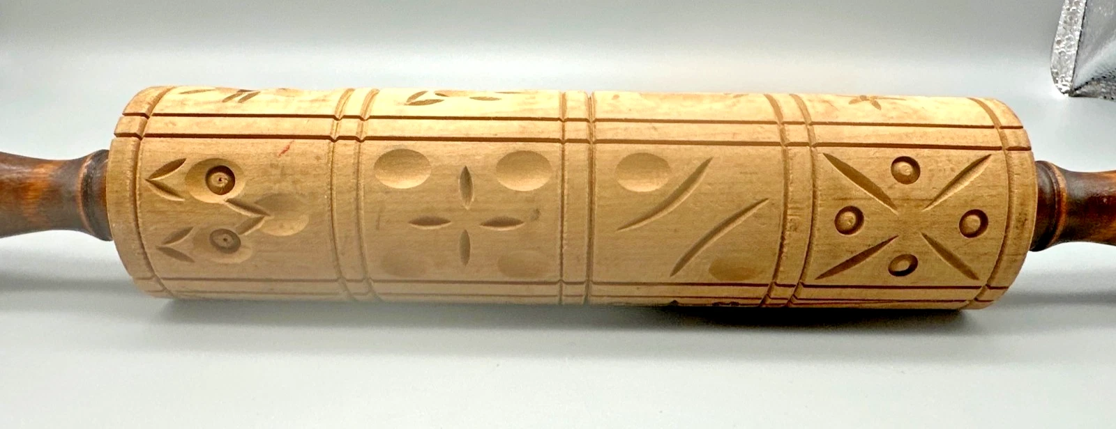 Vintage Wooden Springerle Embossed Rolling Pin With Carved Patterns For Baking