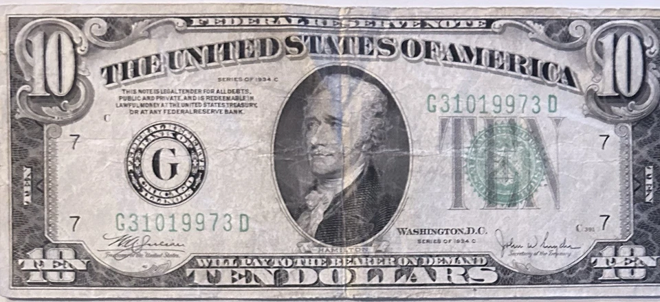 1934-A $10 TEN DOLLARS FRN FEDERAL RESERVE NOTE CHICAGO - Image 2 of 4