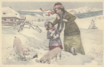BH80.Vintage Postkarte.Mutter und Kind spielen im Schnee mit Schweinen.