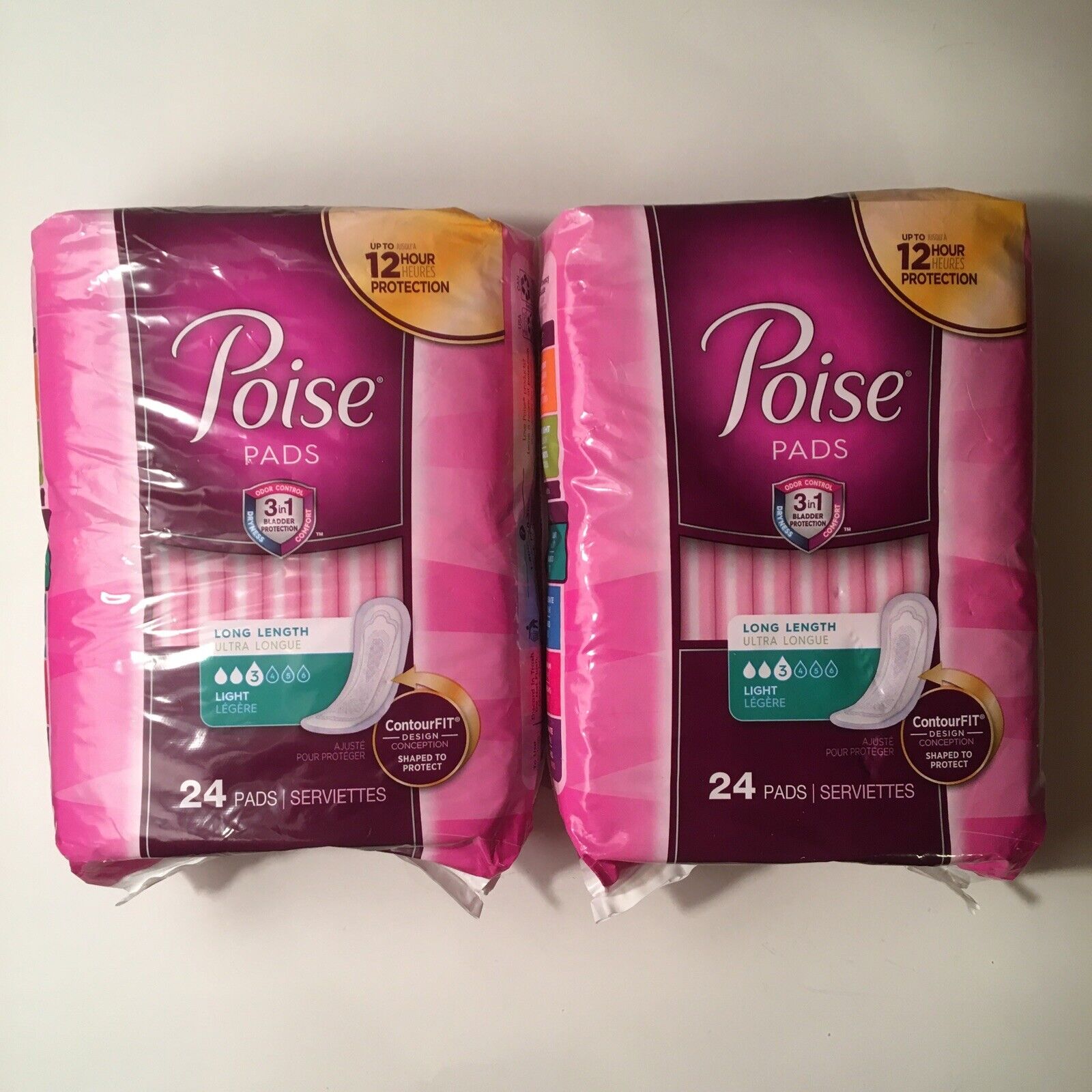 (2 PACKAGES) Poise Pads Long-Length #3 Light TOTAL 48 Pads