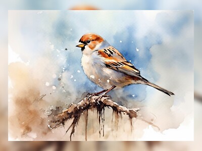 Warmer Spatz Vogel 5''x7'' Druck auf mattem Papier | Aquarell Tierwelt Kunst