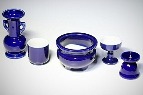 Set altare buddista giapponese Yamako lapislazzuli vaso blu portacandele incenso - Foto 4 di 7