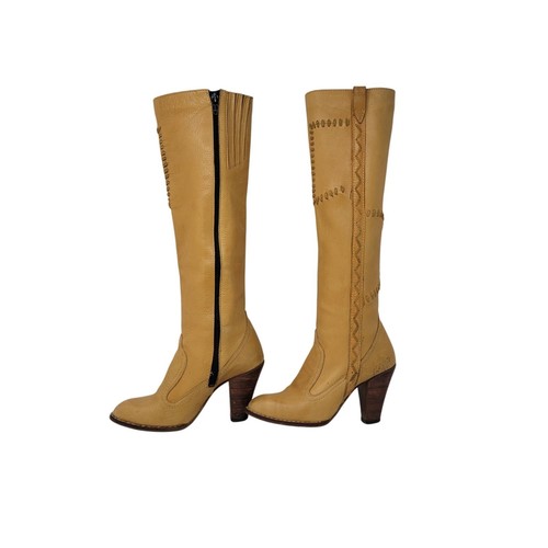 Vintage 70s Western Tan Knee-High Leather Boots Sz 3 Patchwork Stitching Heeled - Picture 5 of 18