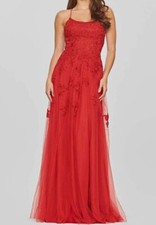  478 Faviana Women's Red Embellished Lace-Up Back Tulle Gown Dress Size 6