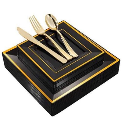 WDF 125Pieces Black Square Plastic Plates with Gold Rim &Gold Disposable Silv...