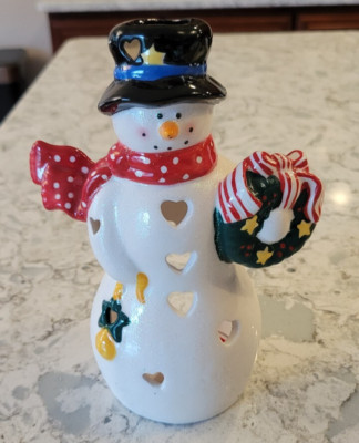 New Hallmark Christmas 7'' Snowman Tea Light Votive Candle Ceramic Figurine 2000