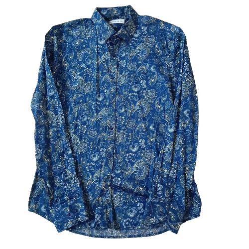 ETRO Shirt Mens 40 Medium Paisley Blue Long Sleeve Button Cotton Italy