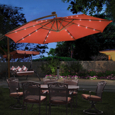 10 ft Solar Offset Hanging Umbrella Patio Cantilever Umbrella With 32 Led Lights Red Latitude Run Color/Pattern: Red 10 ft Solar Offset Hanging Umbrella Patio Cantilever Umbrella With 32 Led Lights Red Latitude Run Color/Pattern: Red