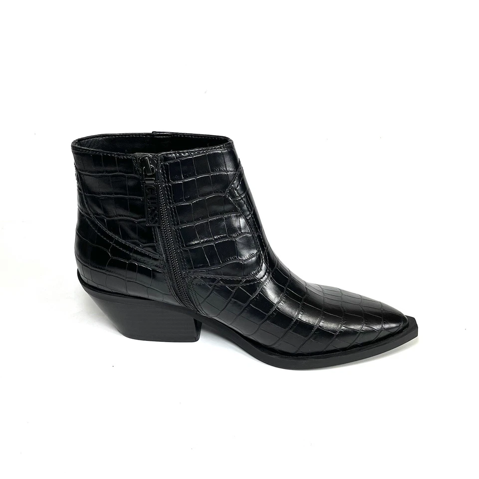 Botas de tornozelo femininas Guess biqueira pontiaguda preta estampa de crocodilo salto bloco tamanho 6,5M novas - Imagem 2 de 4