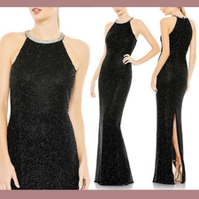NWT $498 Mac Duggal [ 16 ] Beaded Sleeveless High Neck Column Gown Black #G1319