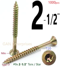 Torx T20 Star Flat Head 9 x 2-1/2" Yellow Zinc Type 17 Outdoor Wood Screw (1000)