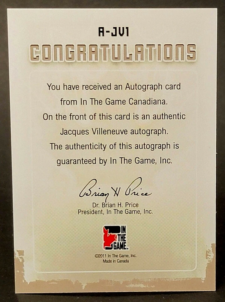 2011 In The Game Canadiana autógrafos tinta azul #A-JV1 Jacques Villeneuve - Imagem 2 de 2