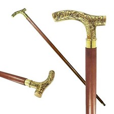 Vintage Brass Derby Handle Golden Finish Wooden Walking Stick Cane Gift Replica